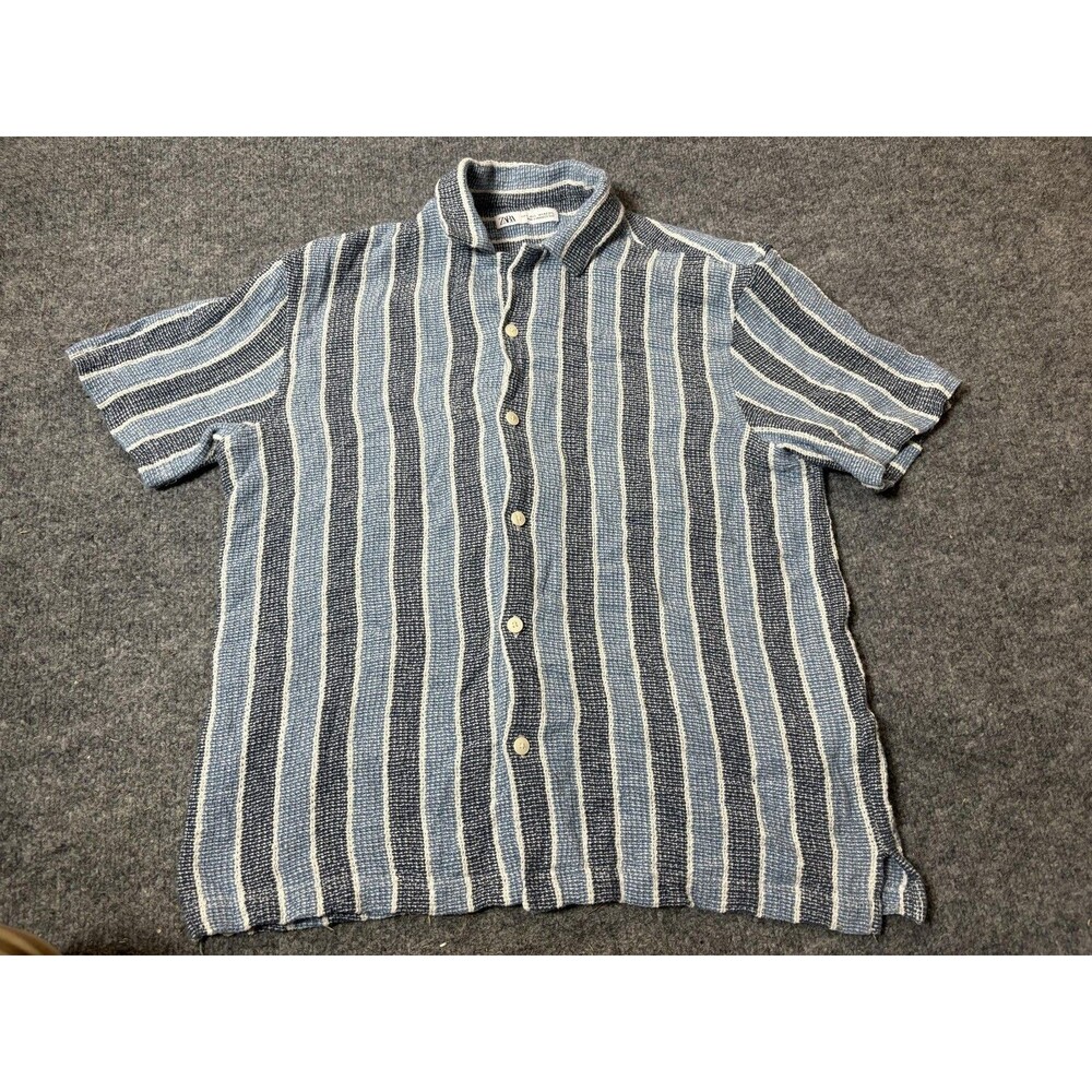 Zara Shirt Mens L Blue Stripe Short Sleeve Textured Woven Button-Up Casual